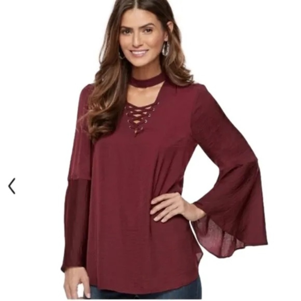 Jennifer Lopez Maroon Tie Up Satin Blouse
